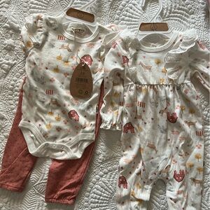 2 Rabbit Bear organic matching baby girl outfits in farm print